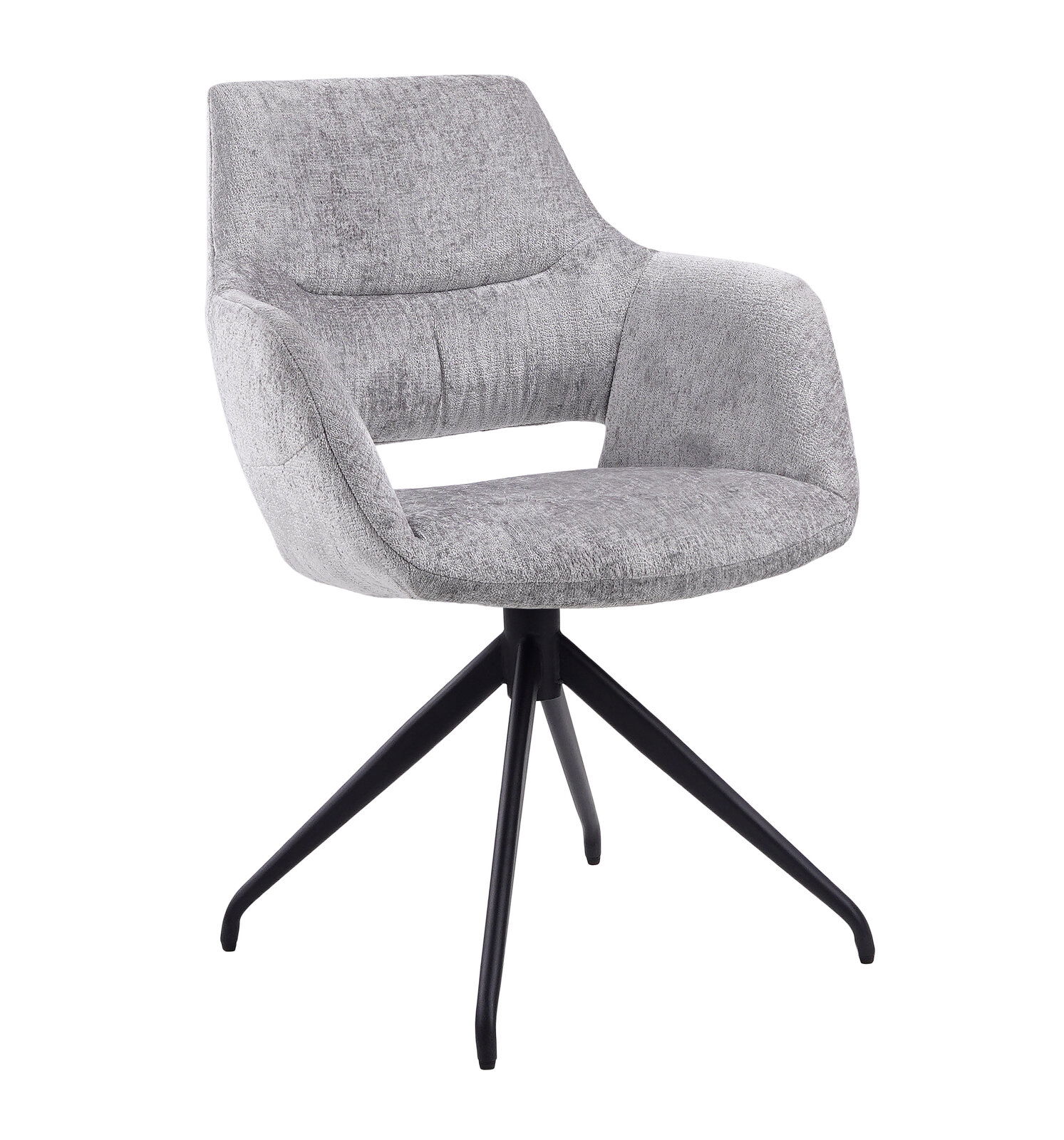 Grauer Armlehnstuhl mit schwarzem Metallgestell, seitliche Perspektive