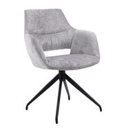 Grauer Armlehnstuhl mit schwarzem Metallgestell, seitliche Perspektive