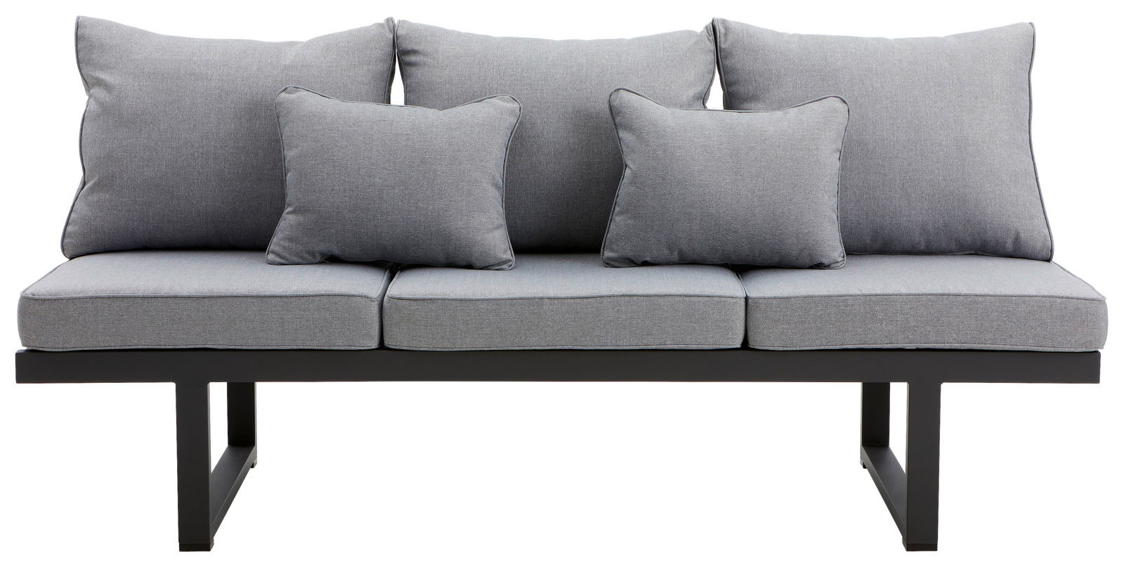 Graue Multifunktionsbank mit drei Sitzkissen und vier Rückenkissen, frontal betrachtet.