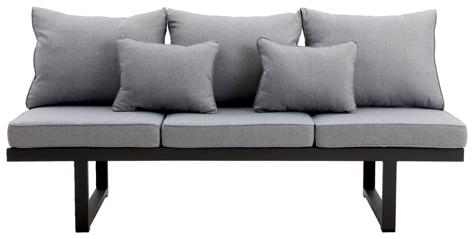Graue Multifunktionsbank mit drei Sitzkissen und vier Rückenkissen, frontal betrachtet.