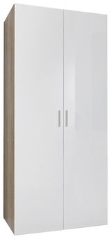 Moderner Kleiderschrank mit zwei weißen Hochglanztüren, seitliche Perspektive