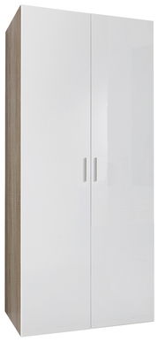 Moderner Kleiderschrank mit zwei weißen Hochglanztüren, seitliche Perspektive