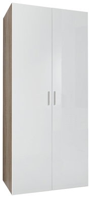 Moderner Kleiderschrank mit zwei weißen Hochglanztüren, seitliche Perspektive