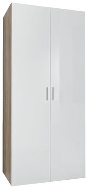 Moderner Kleiderschrank mit zwei weißen Hochglanztüren, seitliche Perspektive