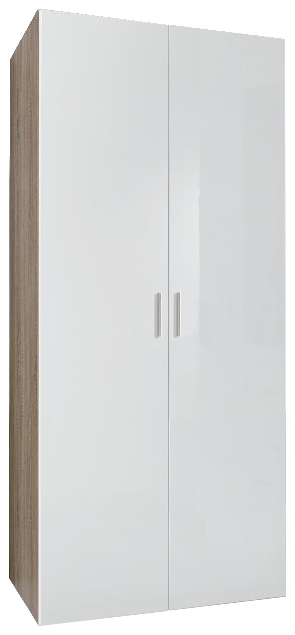 Moderner Kleiderschrank mit zwei weißen Hochglanztüren, seitliche Perspektive