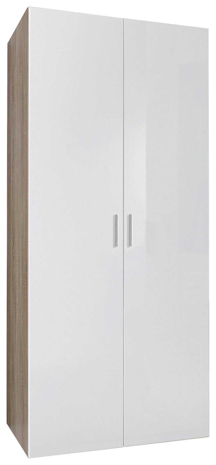 Moderner Kleiderschrank mit zwei weißen Hochglanztüren, seitliche Perspektive