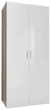 Moderner Kleiderschrank mit zwei weißen Hochglanztüren, seitliche Perspektive