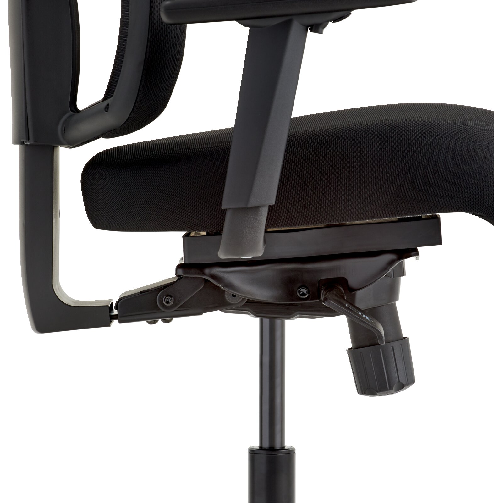 Seitenansicht eines schwarzen Drehstuhls mit verstellbarer Sitzhöhe und Armlehne.