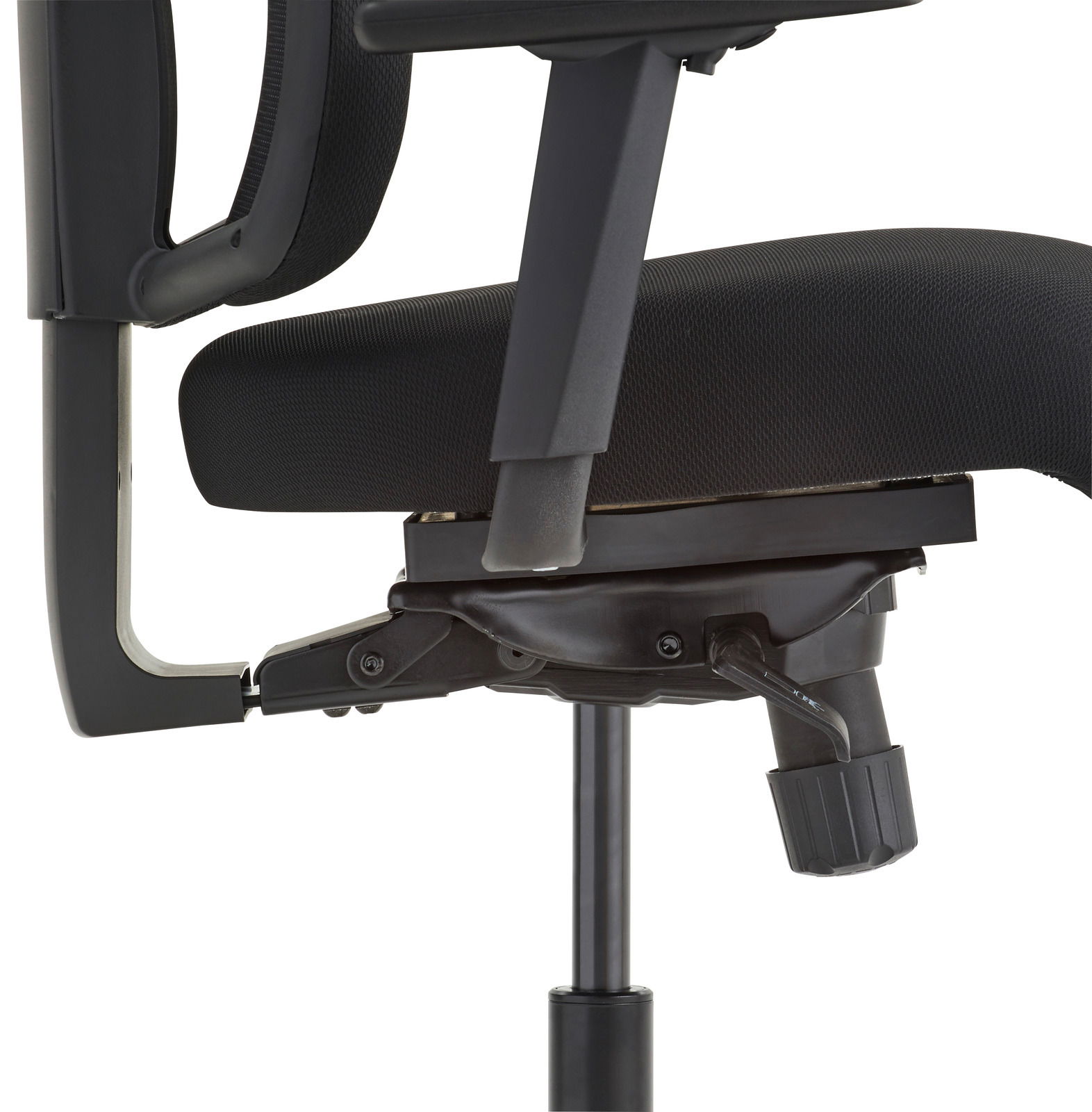 Seitenansicht eines schwarzen Drehstuhls mit verstellbarer Sitzhöhe und Armlehne.