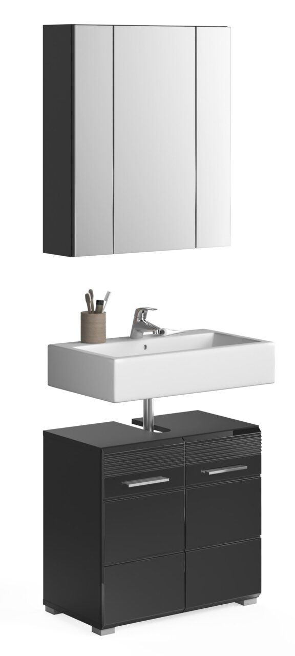 Moderne Badkombination mit schwarzem Unterschrank, weißem Waschbecken und Spiegelschrank, Frontalansicht.