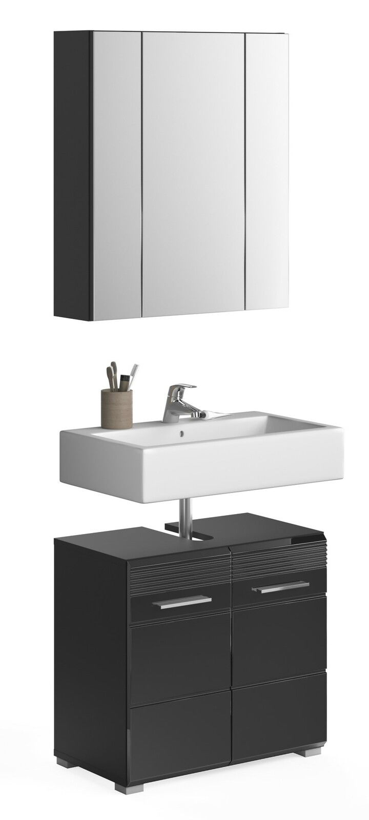 Moderne Badkombination mit schwarzem Unterschrank, weißem Waschbecken und Spiegelschrank, Frontalansicht.