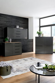 Moderne Wohnzimmermöbel in dunklem Grau, bestehend aus Kommode, Sideboard und Highboard, in einem stilvoll eingerichteten Raum mit Holzfußboden und großen Fenstern. Perspektive von vorne.