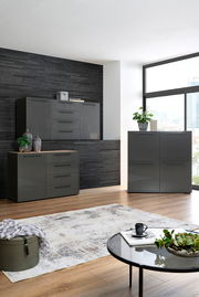 Moderne Wohnzimmermöbel in dunklem Grau, bestehend aus Kommode, Sideboard und Highboard, in einem stilvoll eingerichteten Raum mit Holzfußboden und großen Fenstern. Perspektive von vorne.
