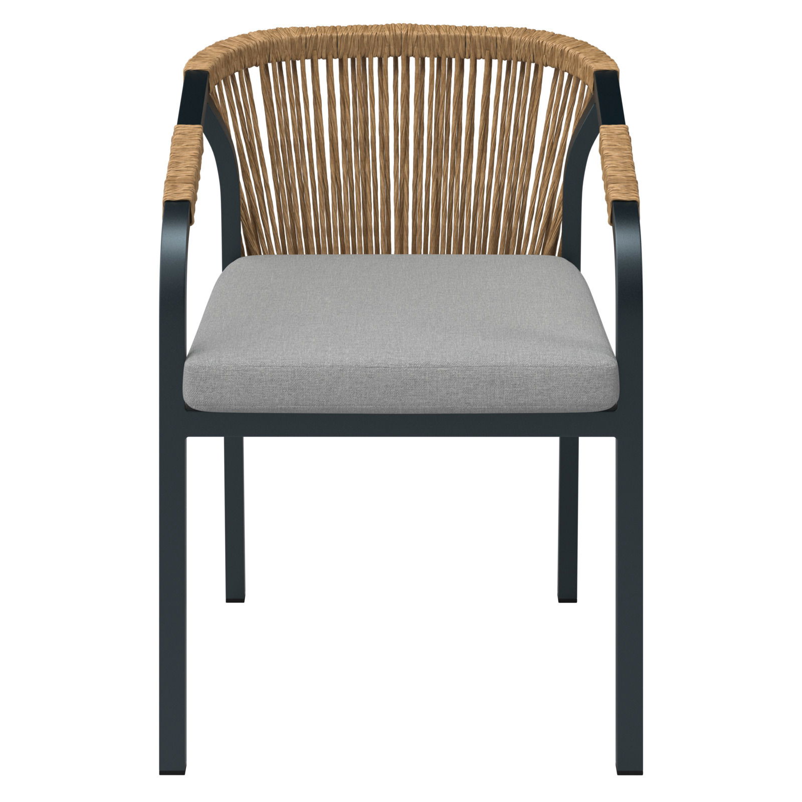 Vorderansicht eines modernen Stapelsessels mit grauem Sitzkissen und geflochtener Rückenlehne.