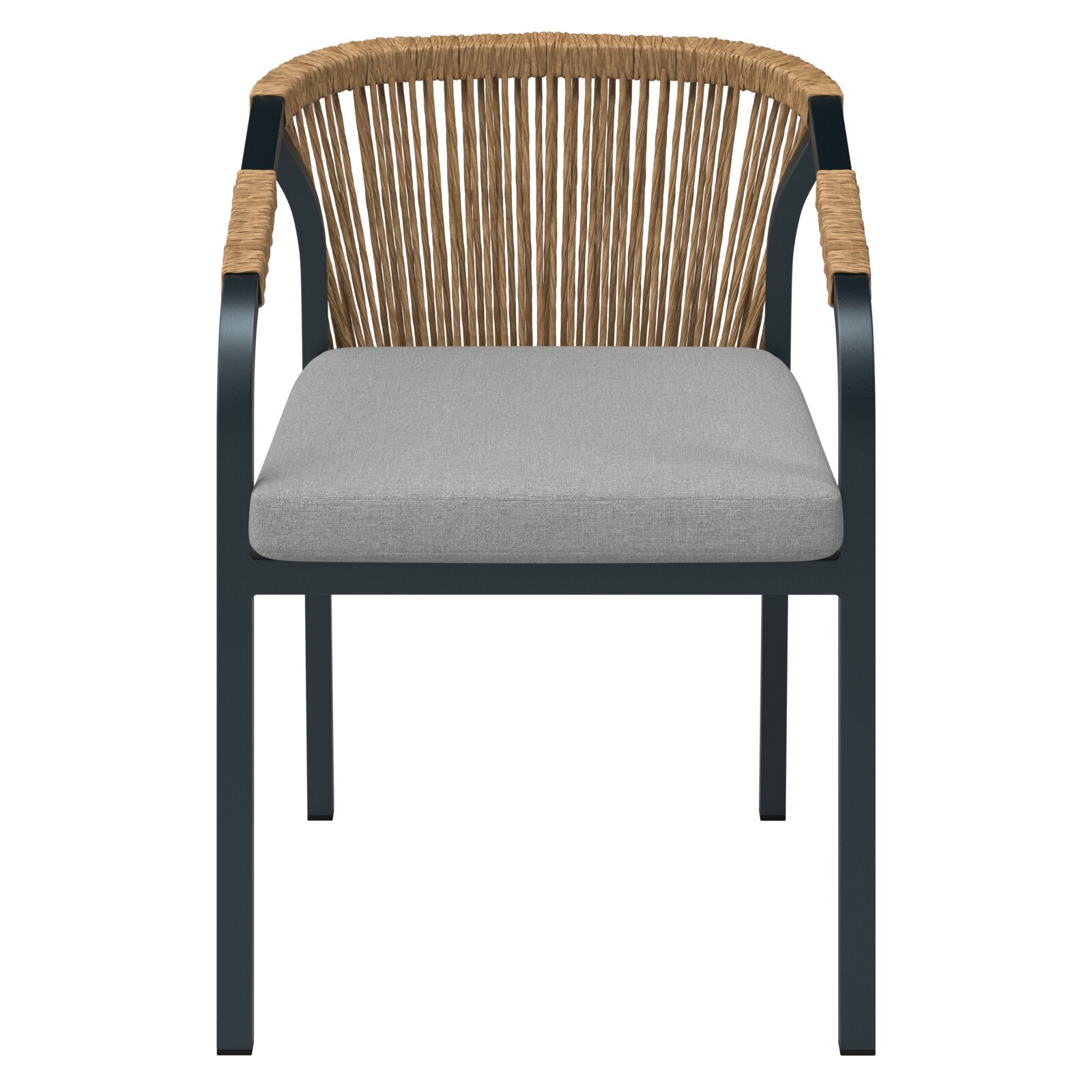 Vorderansicht eines modernen Stapelsessels mit grauem Sitzkissen und geflochtener Rückenlehne.