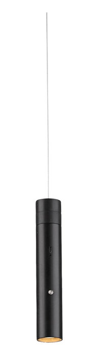 Zwarte hanglamp op accu in cilindrische vorm, gezien vanaf de voorkant, met een dunne kabel om op te hangen.