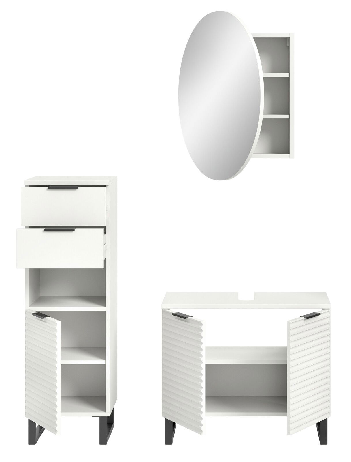 Badkombination bestehend aus einem hohen Schrank mit Schublade und Türen, einem runden Spiegel mit integriertem Regal und einem Unterschrank mit zwei Türen, frontal betrachtet.