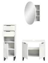 Badkombination bestehend aus einem hohen Schrank mit Schublade und Türen, einem runden Spiegel mit integriertem Regal und einem Unterschrank mit zwei Türen, frontal betrachtet.