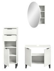 Badkombination bestehend aus einem hohen Schrank mit Schublade und Türen, einem runden Spiegel mit integriertem Regal und einem Unterschrank mit zwei Türen, frontal betrachtet.