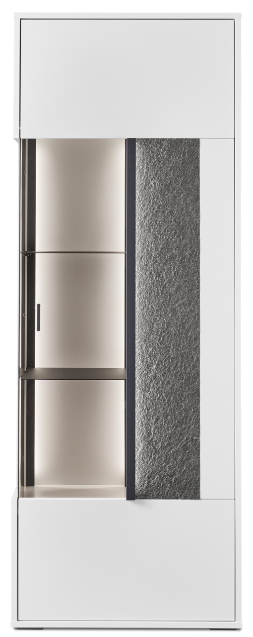 Hochwertiges Highboard mit Glasvitrine, rechte Perspektive, modernes Design in Weiß mit strukturiertem Akzent.