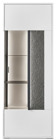 Hochwertiges Highboard mit Glasvitrine, rechte Perspektive, modernes Design in Weiß mit strukturiertem Akzent.