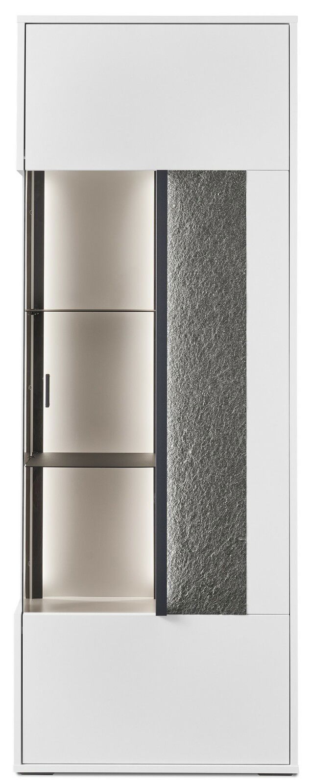 Hochwertiges Highboard mit Glasvitrine, rechte Perspektive, modernes Design in Weiß mit strukturiertem Akzent.