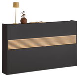 Moderner Schuhschrank in dunklem Design mit Holzstreifen, dekoriert mit Lampe und Vase, Frontalansicht