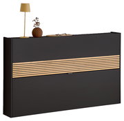 Moderner Schuhschrank in dunklem Design mit Holzstreifen, dekoriert mit Lampe und Vase, Frontalansicht
