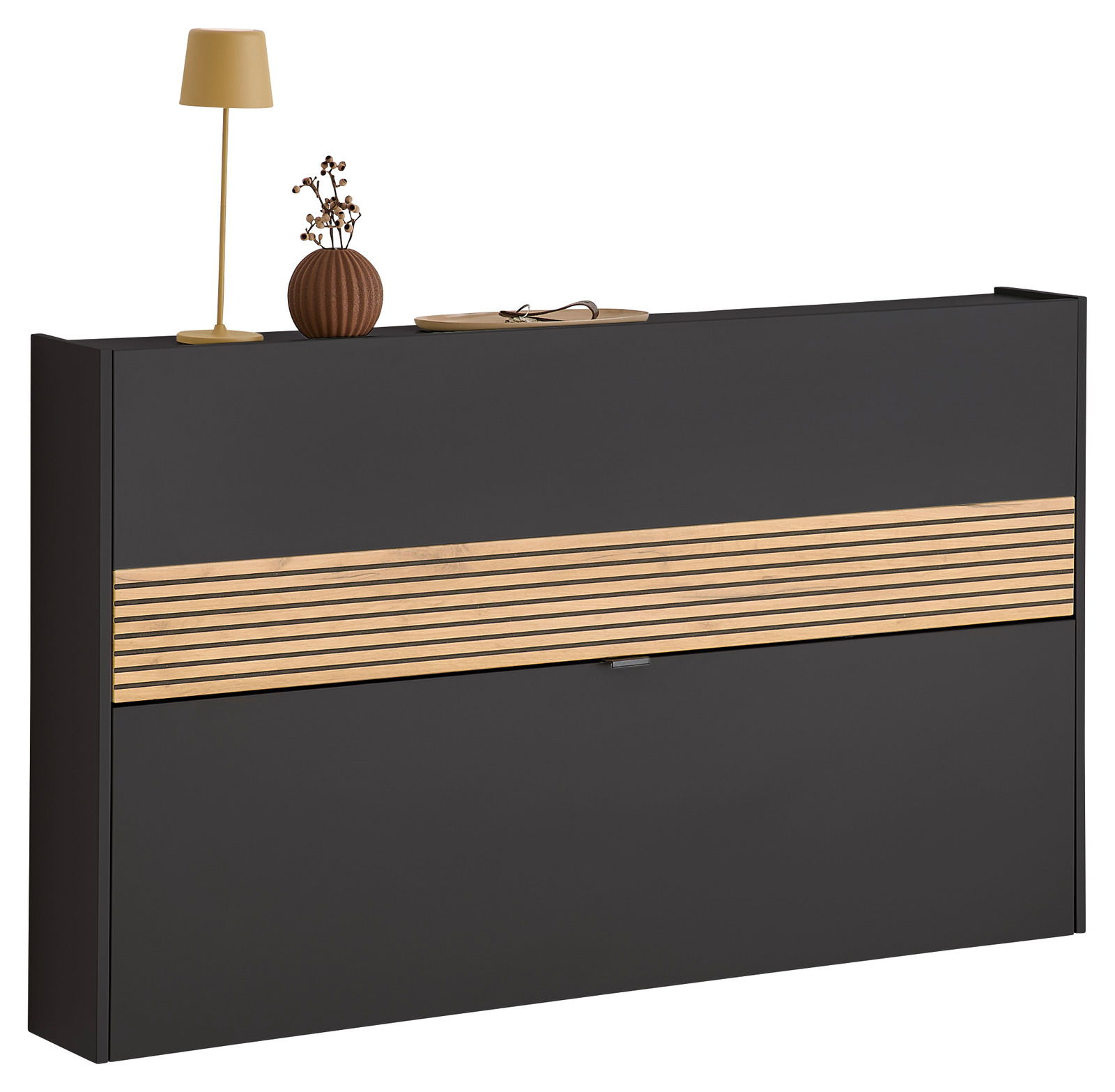 Moderner Schuhschrank in dunklem Design mit Holzstreifen, dekoriert mit Lampe und Vase, Frontalansicht