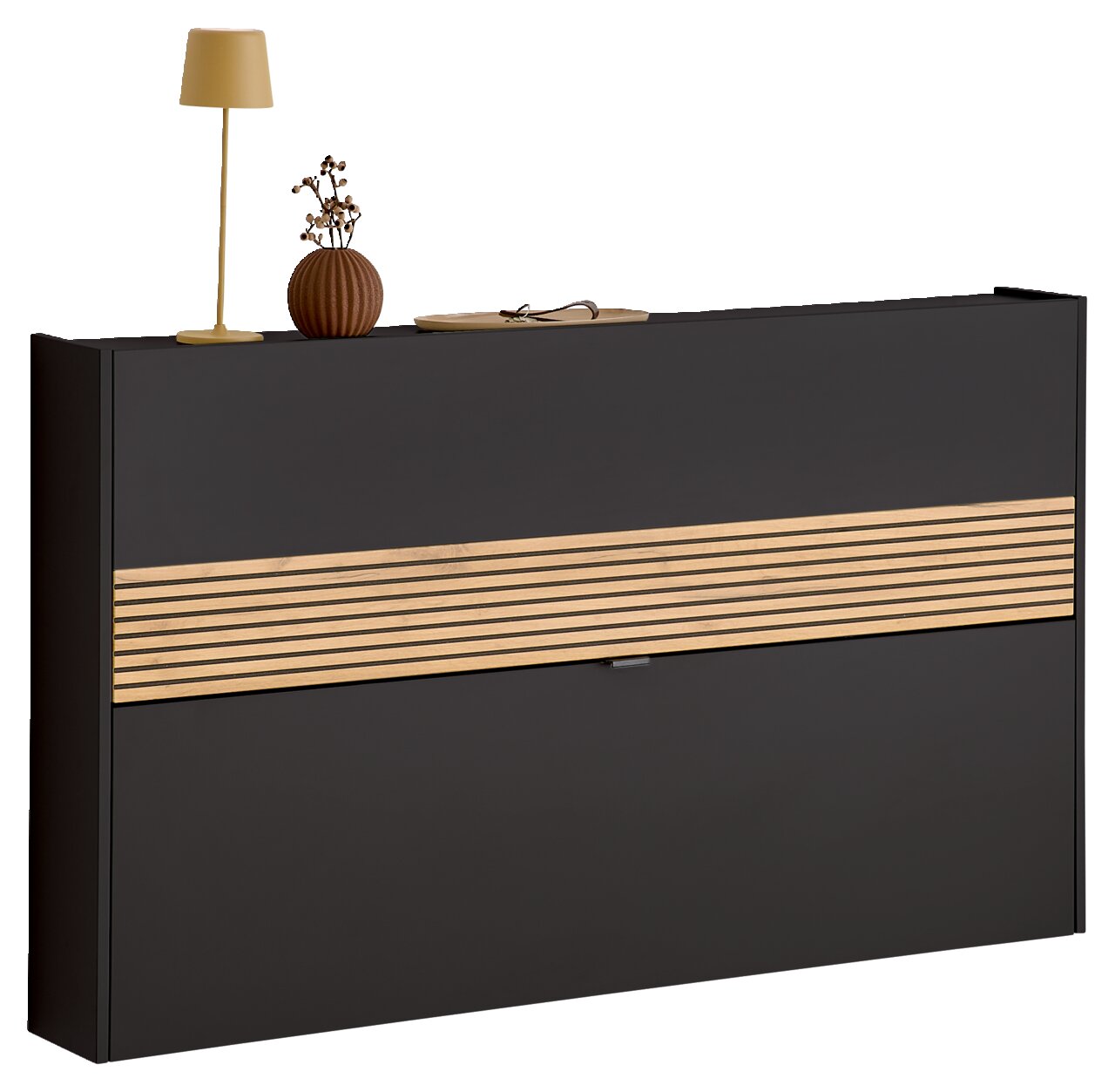 Voleo Schoenenkast RIO Moderne schoenenkast in een donkere uitvoering met houten strepen, versierd met een lamp en een vaas, vooraanzicht
