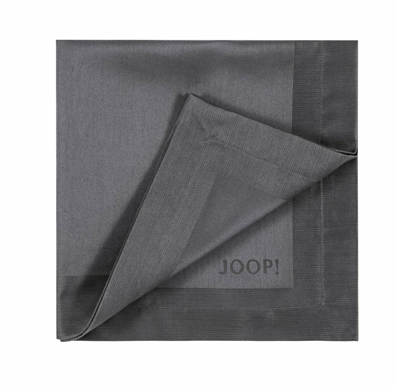 Graphitfarbene Serviette, Set aus zwei Stück, 50x50 cm, mit sichtbarem Markenlogo 'JOOP!' in der Ecke, aus einer leicht erhöhten Perspektive fotografiert.