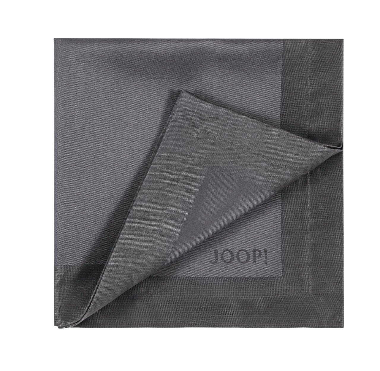 Graphitfarbene Serviette, Set aus zwei Stück, 50x50 cm, mit sichtbarem Markenlogo 'JOOP!' in der Ecke, aus einer leicht erhöhten Perspektive fotografiert.