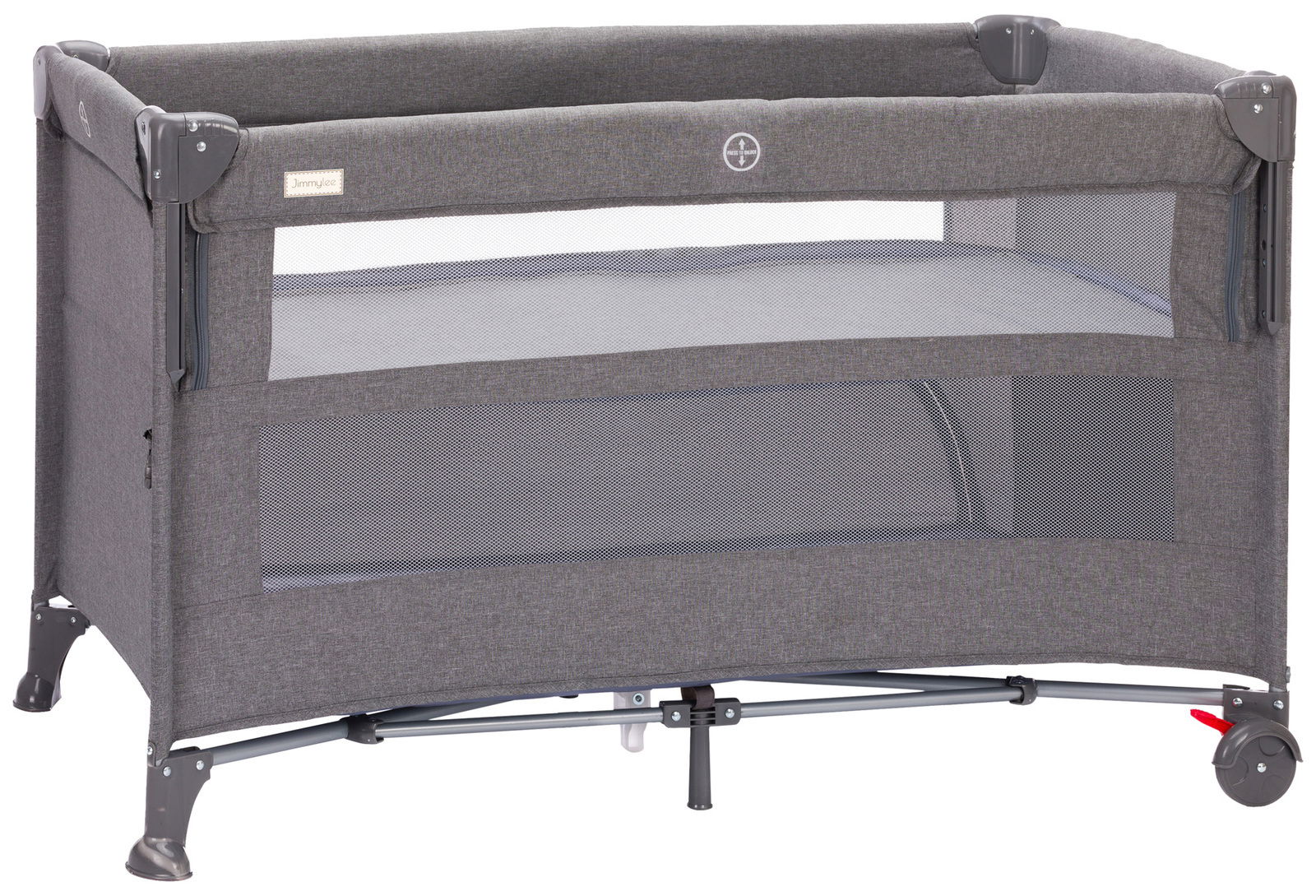 Graues Reisebett mit Netzseiten, seitliche Perspektive