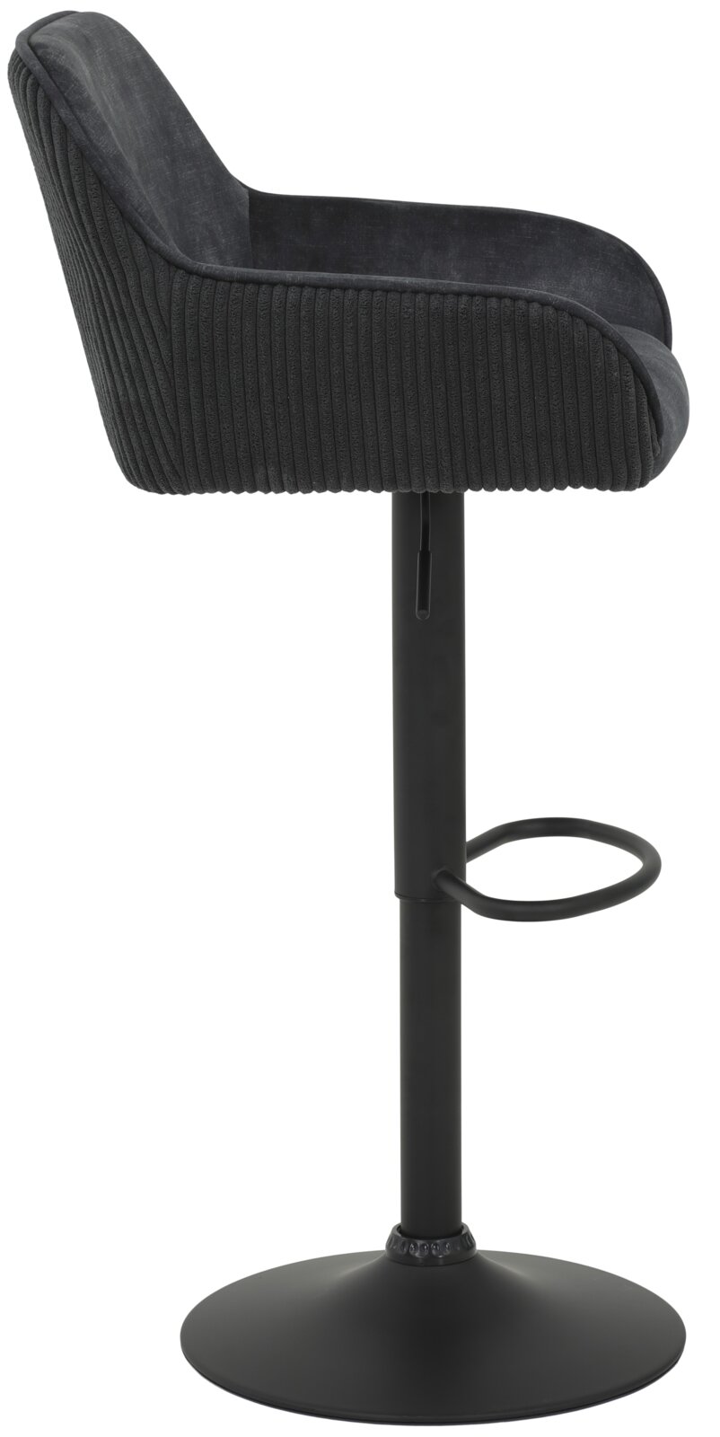 Zijaanzicht van een moderne barkruk met een zwarte, geribbelde stoffen bekleding en een verstelbaar metalen onderstel.