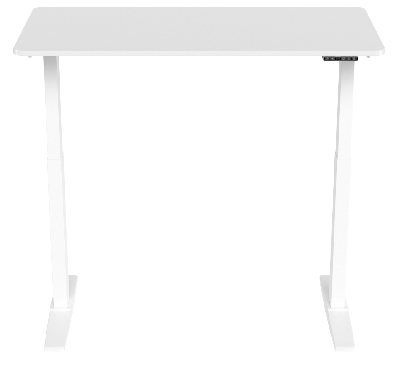Weißer E-Schreibtisch aus der Frontalansicht mit schlichter Tischplatte und höhenverstellbaren Beinen.