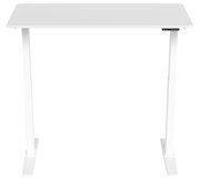 Weißer E-Schreibtisch aus der Frontalansicht mit schlichter Tischplatte und höhenverstellbaren Beinen.