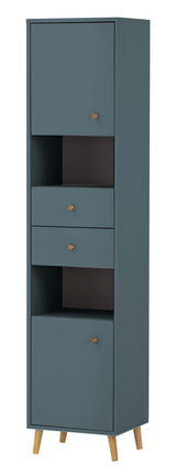 Hochschrank in blauer Farbe mit zwei Türen, zwei Schubladen und offenen Fächern, aus der Frontalperspektive.