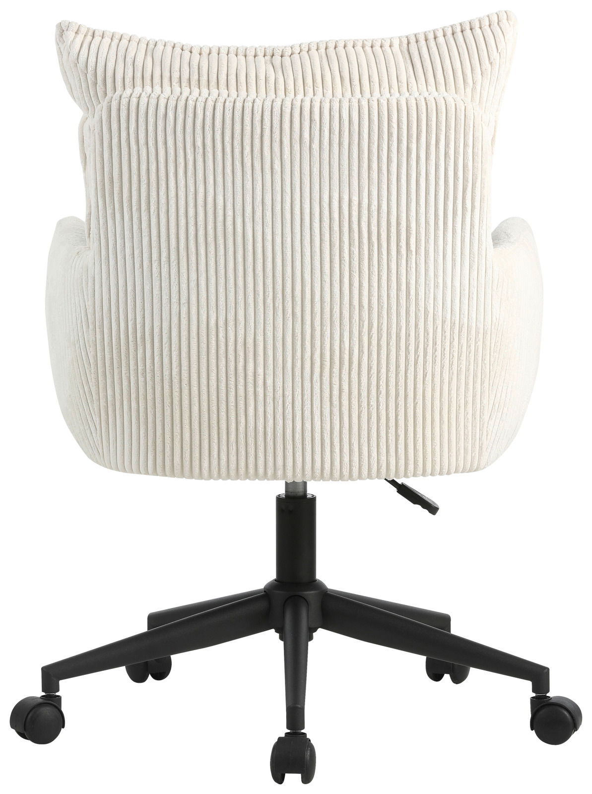 Rückansicht eines weißen Drehstuhls mit geripptem Stoffbezug und schwarzem Fußgestell auf Rollen.