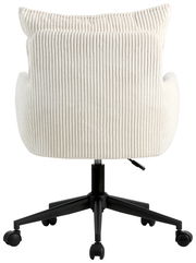 Rückansicht eines weißen Drehstuhls mit geripptem Stoffbezug und schwarzem Fußgestell auf Rollen.