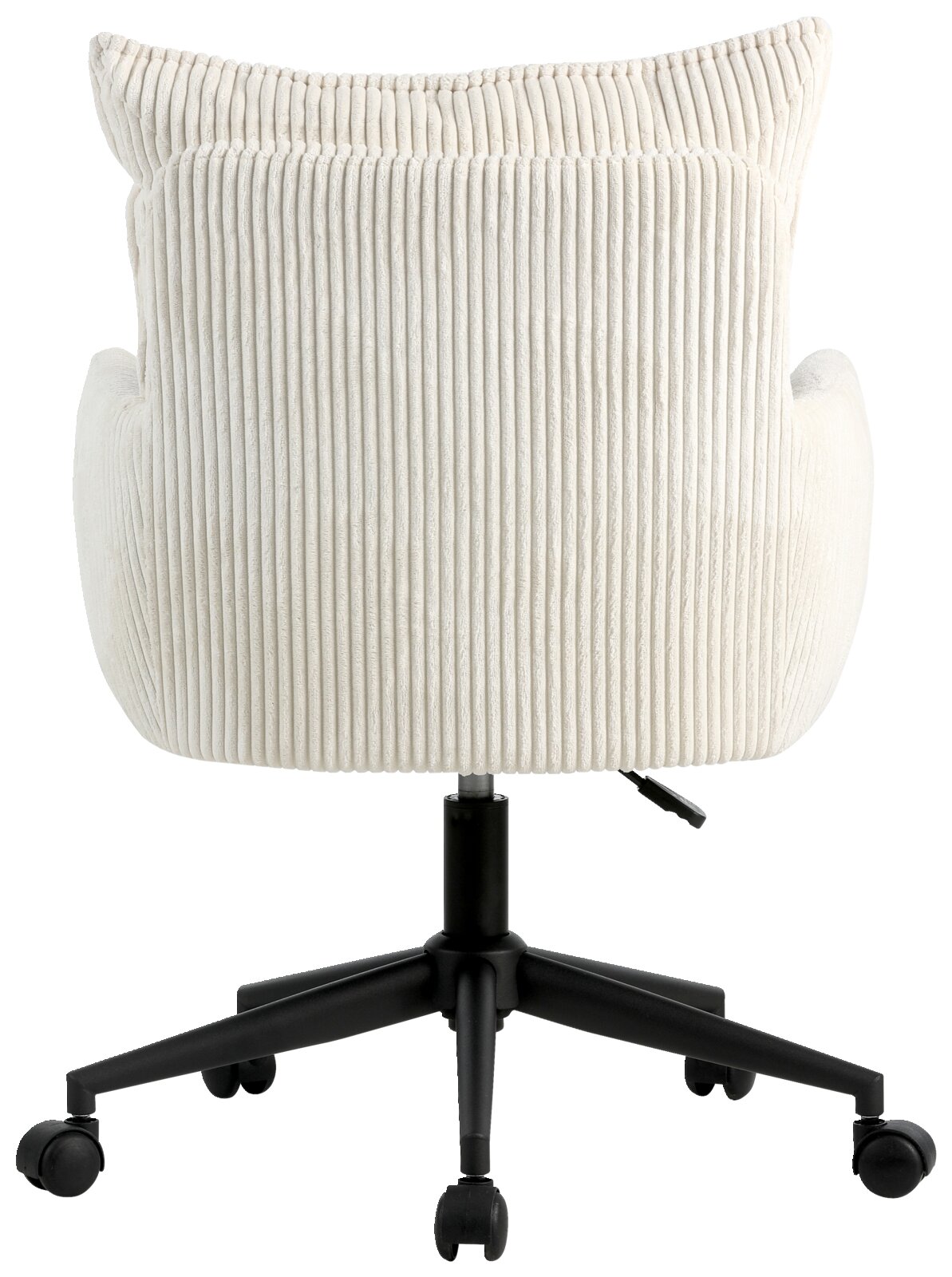 Achterkant van een witte draaistoel met geribbelde stoffen bekleding en een zwart onderstel op wieltjes.
