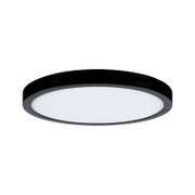 Runde, flache LED-Deckenleuchte mit schwarzem Rahmen und opaler Abdeckung, freigestellt auf weißem Hintergrund, in leichter Untersicht/Schrägansicht von unten.