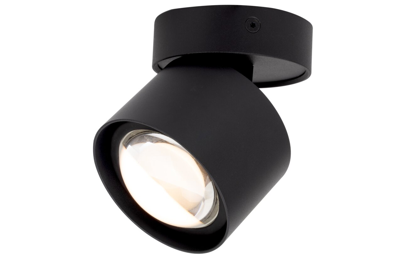 Zwarte led-spotkop in zijaanzicht met ronde behuizing en zichtbare lens.
