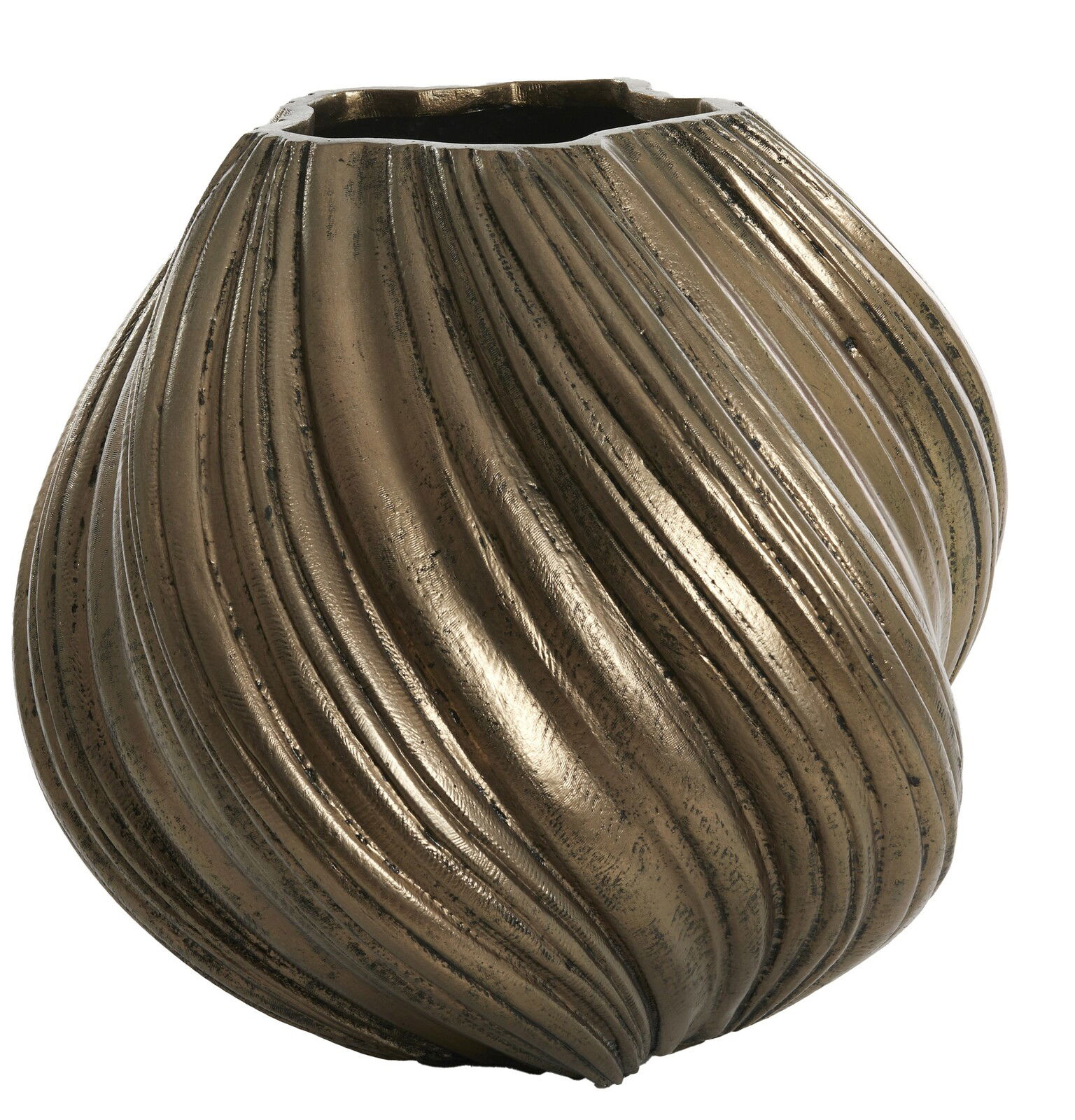 Nahaufnahme einer dekorativen Vase mit spiralförmigem Design in antikem Goldton.