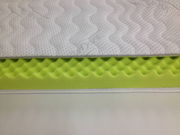 Kaltschaum-Topper SILVERCARE in seitlicher Perspektive, zeigt die wellenförmige Struktur des grünen Schaums und den weißen, gesteppten Bezug.