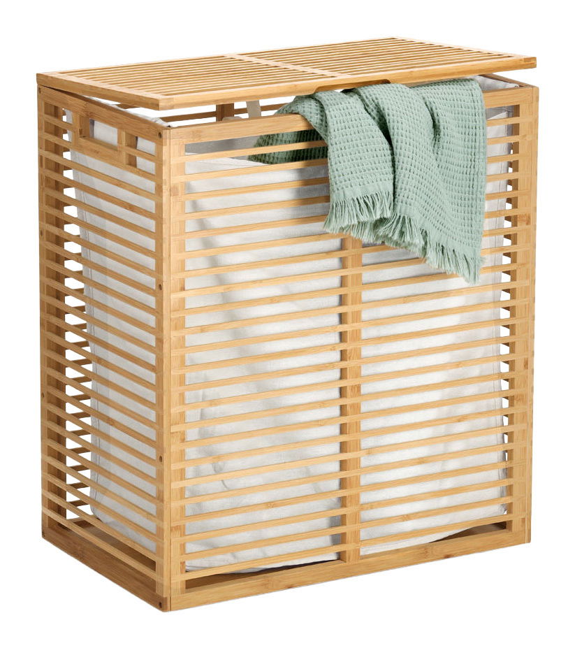 Zeller Present Wäschesammler Wäschesammler aus Bambus mit abnehmbarem Deckel, seitliche Perspektive, mit einem grünen Handtuch über der Kante.