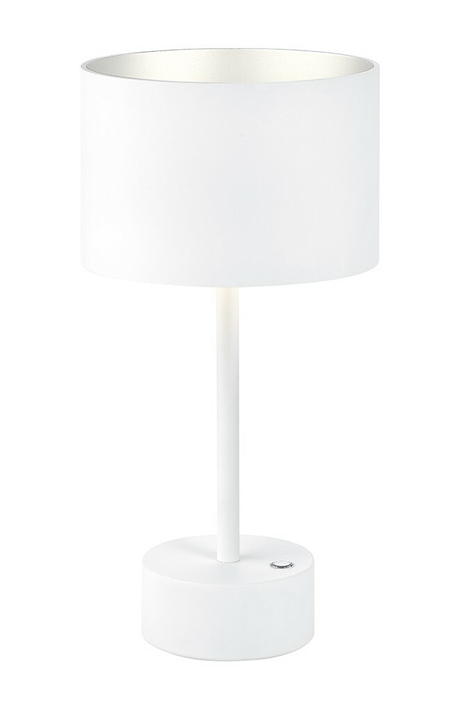 Weiße Akku-Tischleuchte mit zylindrischem Lampenschirm und rundem Sockel, seitliche Perspektive