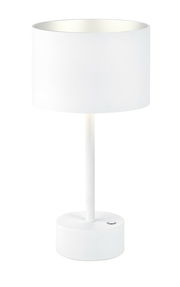Weiße Akku-Tischleuchte mit zylindrischem Lampenschirm und rundem Sockel, seitliche Perspektive