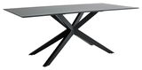 Moderner Esstisch mit schwarzem X-förmigem Gestell, seitliche Perspektive