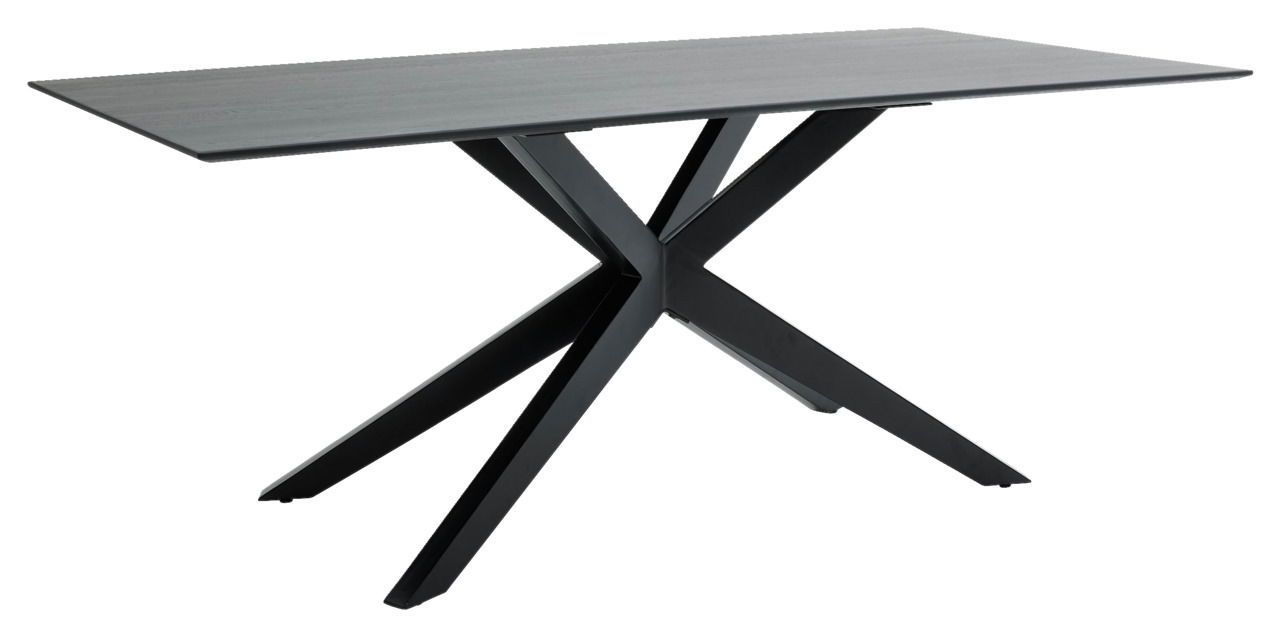 Moderner Esstisch mit schwarzem X-förmigem Gestell, seitliche Perspektive