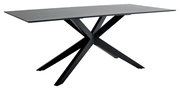Moderner Esstisch mit schwarzem X-förmigem Gestell, seitliche Perspektive